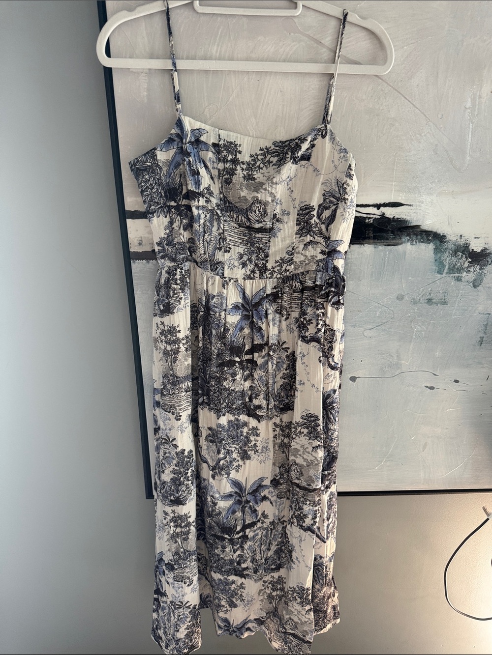 H&M size small midi length Women's Blue and White Printed Spaghetti Strap Dress
